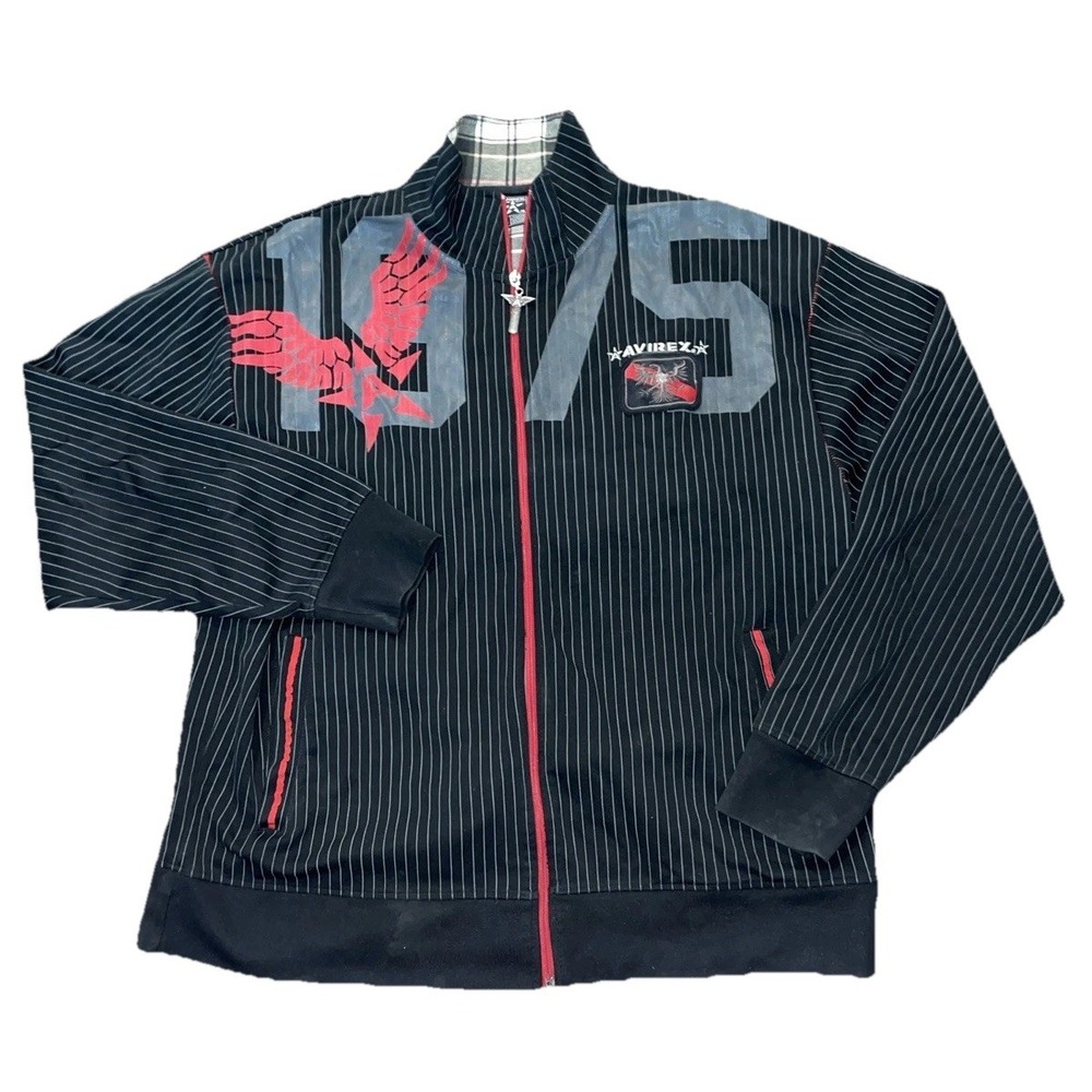 Vintage Avirex Zip Up Hoodie‎ Men Size Large Striped Graphic Jacket - Black